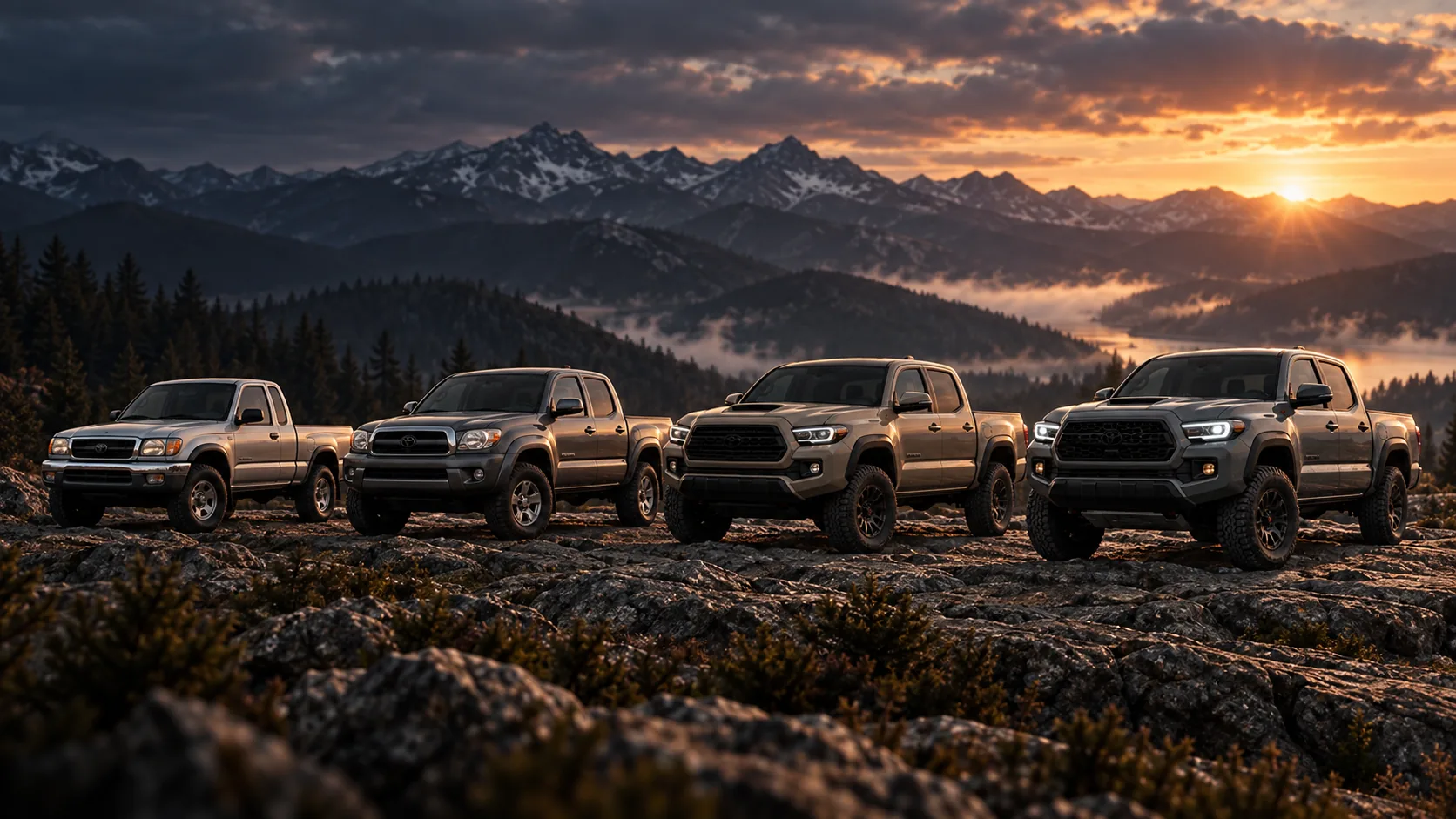Four generations of Toyota Tacoma pickup trucks